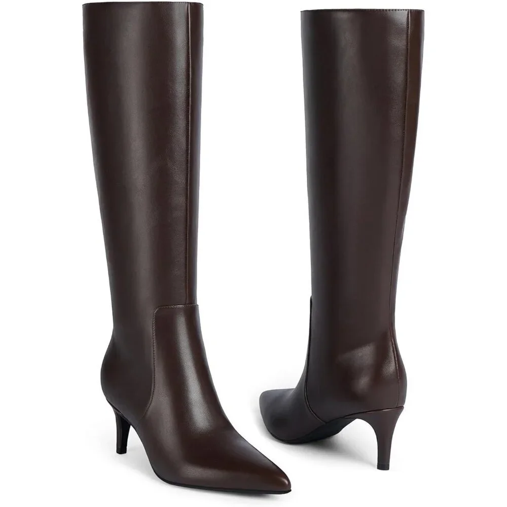 Women Chocolate 1 Tall Boots Pointed Toe Kitten Heel Side Zipper Knee High Boots